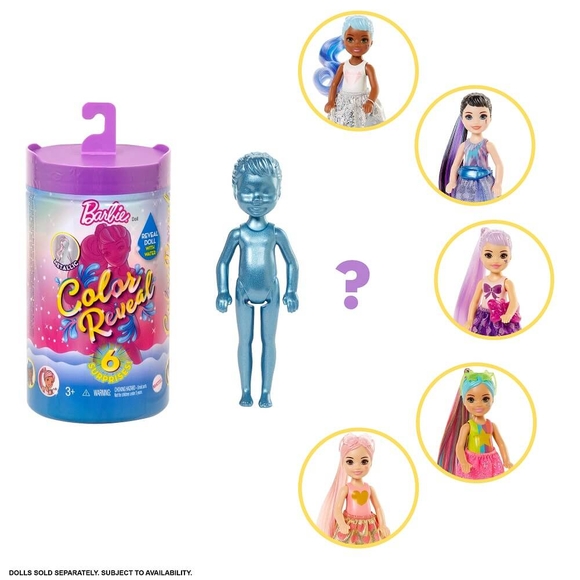 Barbie Color Reveal Renk Değiştiren Sürpriz Chelsea Bebek, 6 sürprizle gelen parıltılı set GWC59