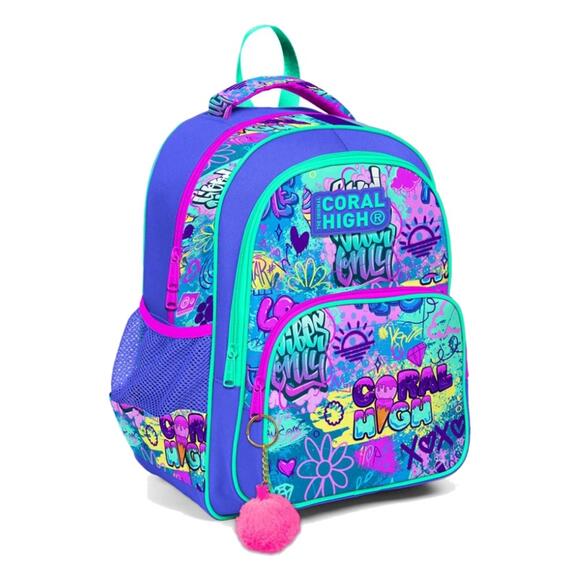 Coral High Kids Lavanta Su Yeşili Grafiti Desenli Üç Bölmeli Okul Sırt Çantası 14414