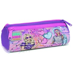 Coral High - Coral High Kids Pembe Mor Fashion Girl Desenli Üç Bölmeli Kalem Çantası 22055