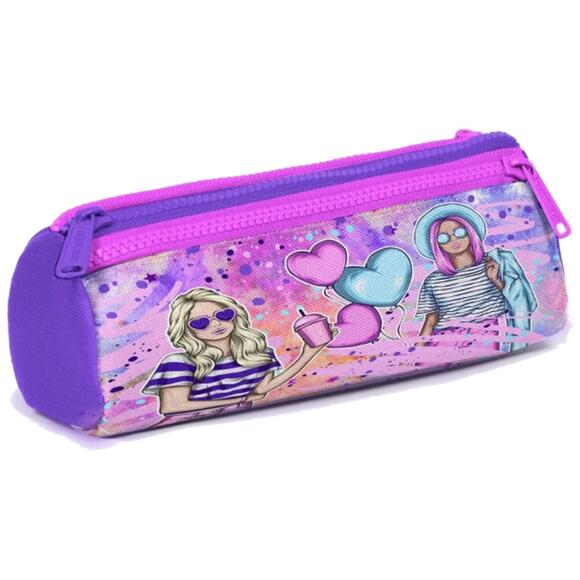 Coral High Kids Pembe Mor Fashion Girl Desenli Üç Bölmeli Kalem Çantası 22055