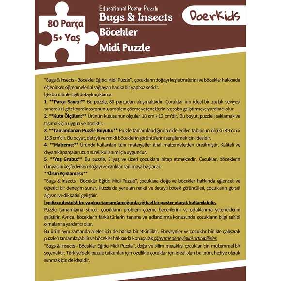 Doerkids Midi Puzzle - Böcekler ve Böcekler 80 Parça Puzzle