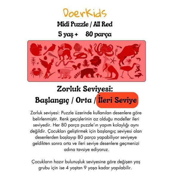 Doerkids Midi Puzzle - Hepsi Kırmızı Hayvanlar 80 Parça Puzzle
