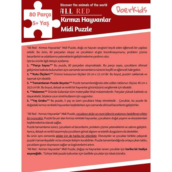 Doerkids Midi Puzzle - Hepsi Kırmızı Hayvanlar 80 Parça Puzzle