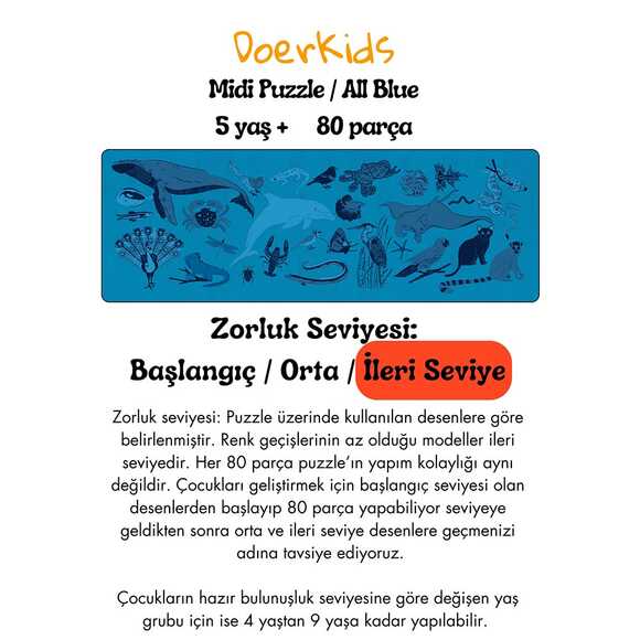 Doerkids Midi Puzzle - Hepsi Mavi Hayvanlar 80 Parça Puzzle