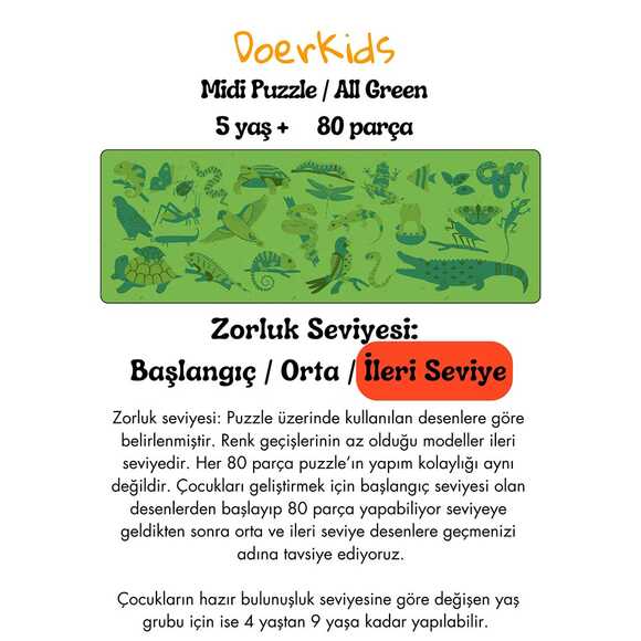 Doerkids Midi Puzzle - Hepsi Yeşil Hayvanlar 80 Parça Puzzle