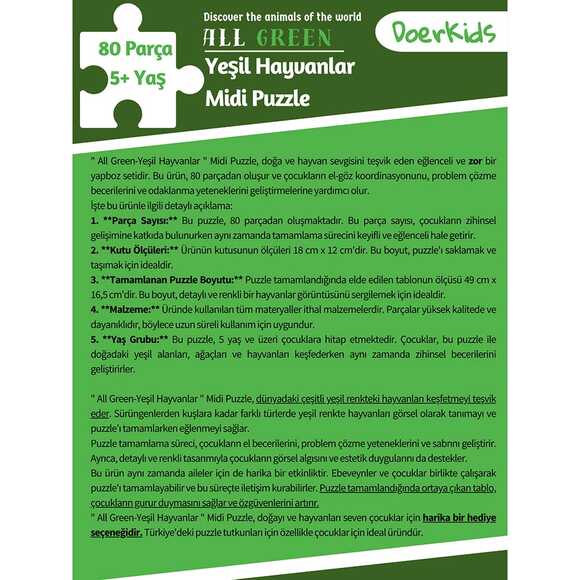 Doerkids Midi Puzzle - Hepsi Yeşil Hayvanlar 80 Parça Puzzle