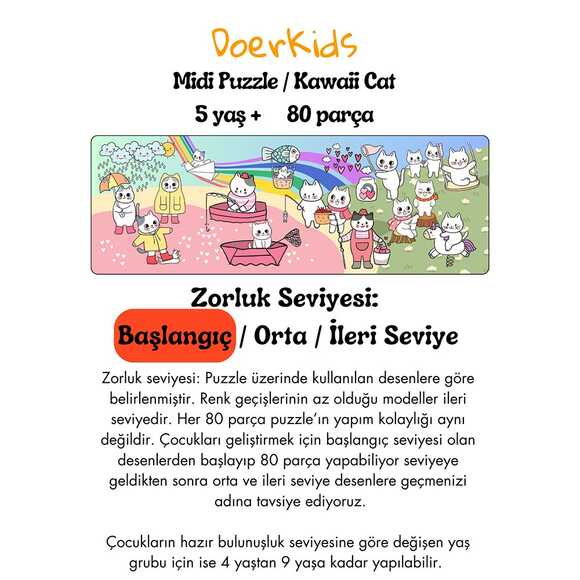 Doerkids Midi Puzzle - Kawaii Kediler 80 Parça Puzzle