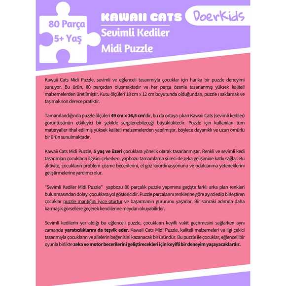 Doerkids Midi Puzzle - Kawaii Kediler 80 Parça Puzzle