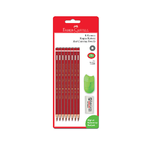 Faber Castell Kırmızı Kopya Kalemi 8 li Set+Silgi ve Kalemtraş Hediyeli