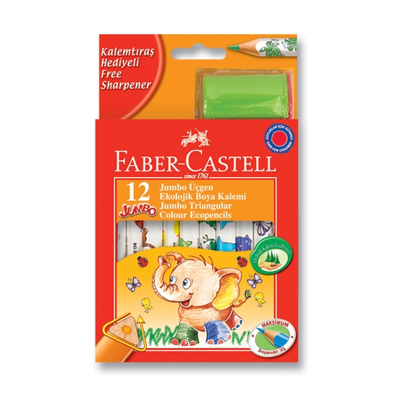 Faber Castell Natürel Jumbo Üçgen Beyaz Gövde Boya Kalemi 12 Renk 3/4 Boy
