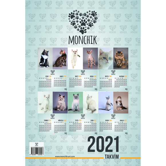 Monchik Kedili 2 Aylık Spiralli Duvar Takvimi 2021