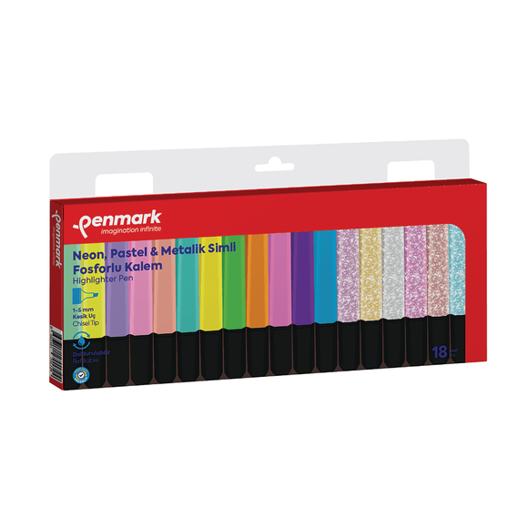 Penmark Fosforlu Kalem 18 li Karışık Renk 6 Neon+6 Pastel+6 Simli