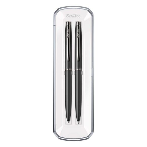 Scrikss 108 Prestige Tükenmez+Versatil Kalem 2 Li Set Mat Siyah Kristal Kutu